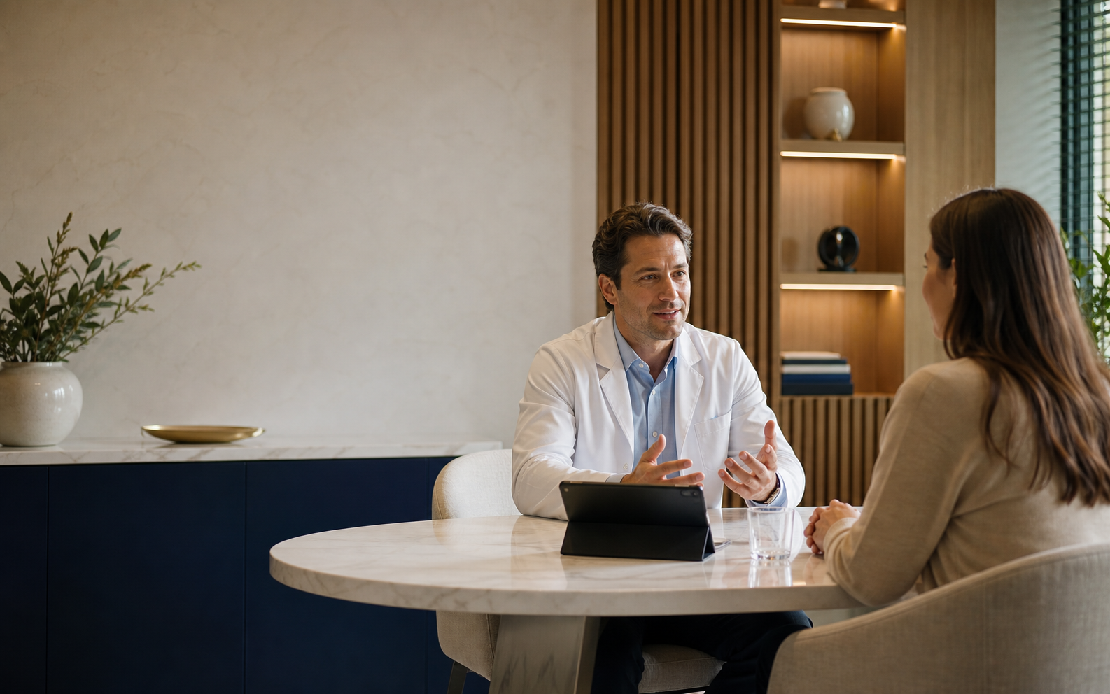 Arts in een rustige premium kliniekomgeving tijdens een prive consult